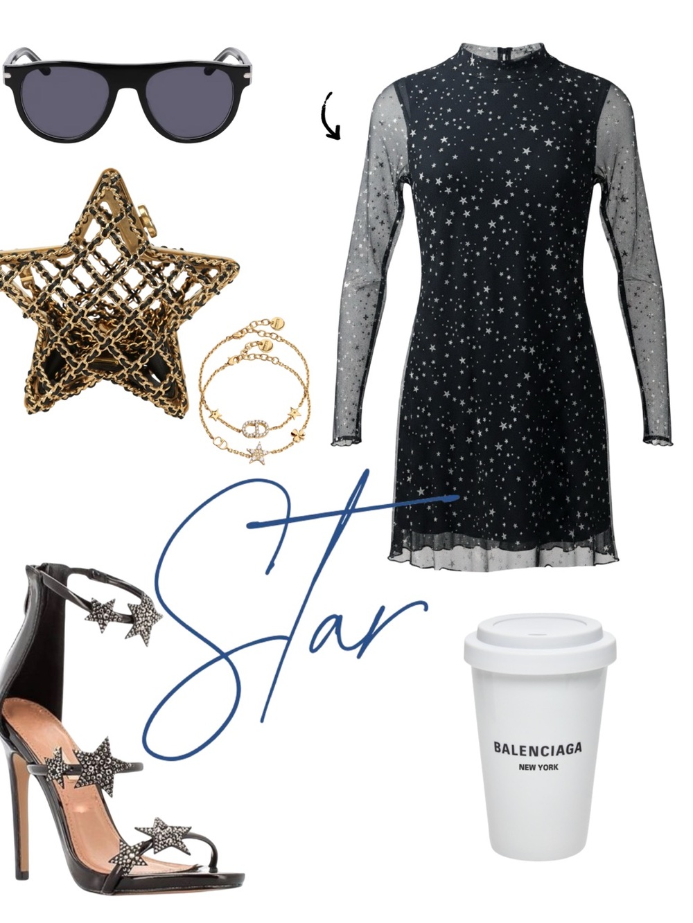 Star-Print Black Mesh Long-Sleeve Mini Dress